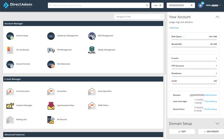 directadmin dashboard